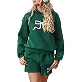 ChiaoLezhee Women's Bow Print Matching Lounge Set, Loose Fleece-Lined Hoodie & Shorts with Pockets, Winter Comfy 2 Piece Sets