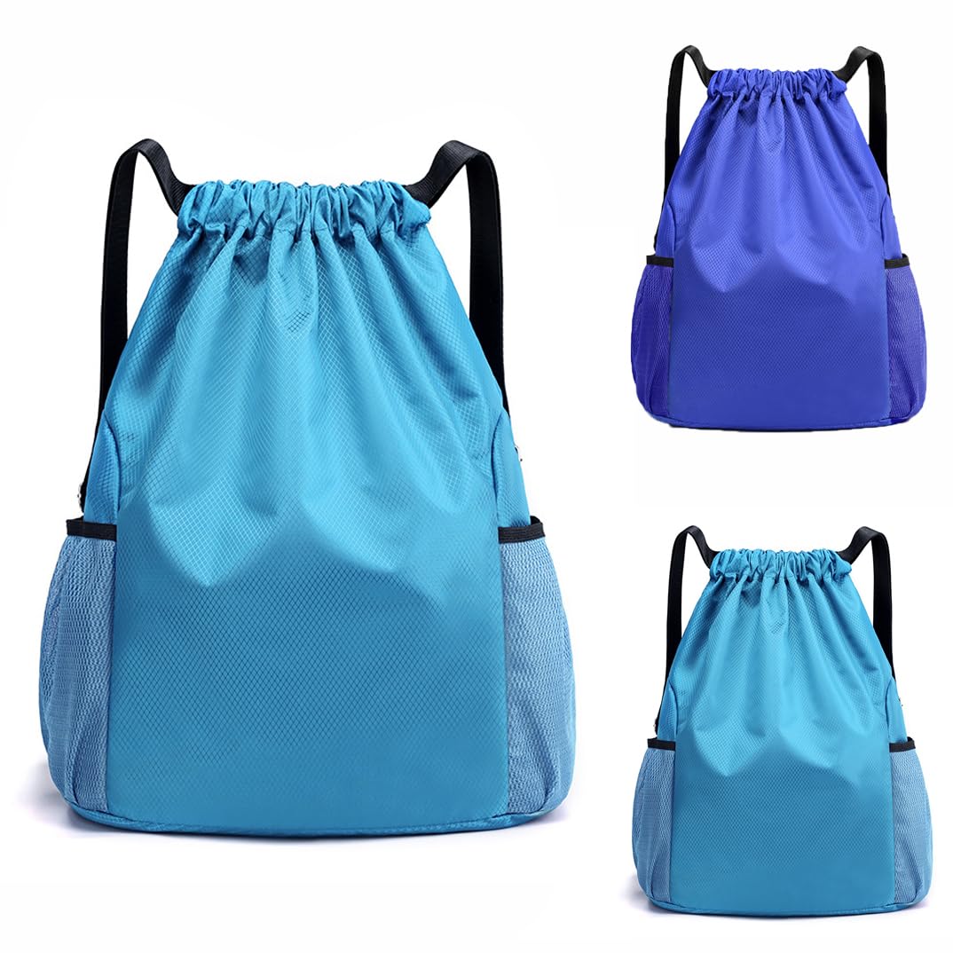KHAOP Drawstring Gym Bag, Large Sports Backpack String Swim Drawstring Waterproof PE Bags for Women Men, Travel Beach School Bag Unisex Gym Bag - Light Blue(L)