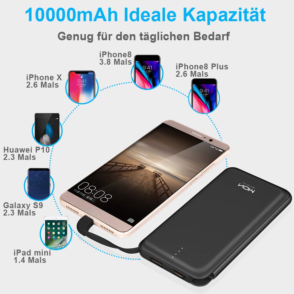 MOXNICE Fast Charging 10000mAh Power Bank - Slim Portable Charger with Built-in Type-c Cable, External Battery Charger Pack for iPhone Android Samsung（S8/S9 Galaxy Huawei iPad Tablet(Black)