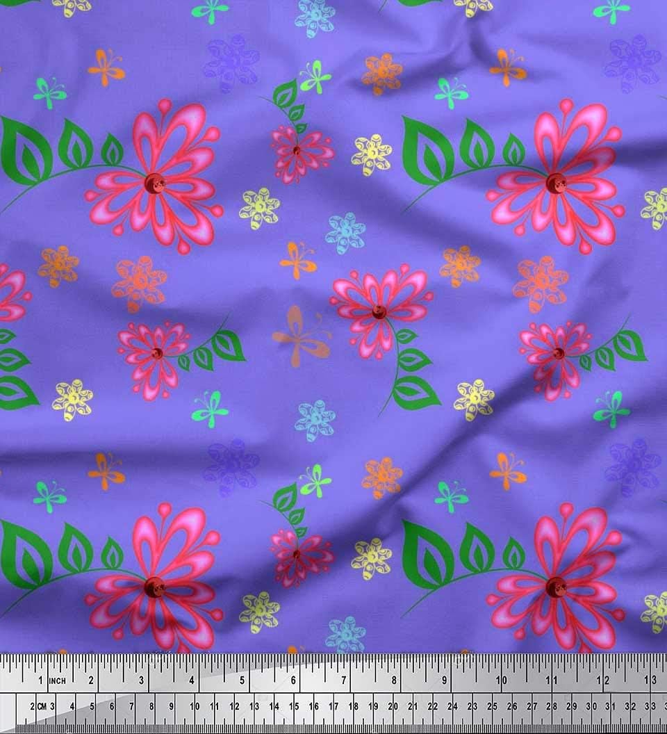 Soimoi Lila Poly Georgette Stoff Blätter, Insekt & Floral Künstlerisch