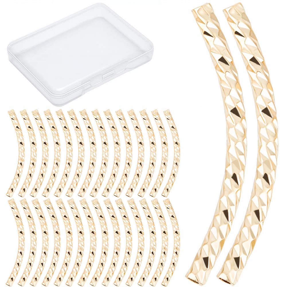 CREATCABIN 1 Box 40 Pcs 18K Gold Plated Curved Tube Bead Fish Scale Noodle Tube Bead Long Curved Brass Tube Spacer Connector Bulk for Jewelry Making Charms Bracelets Necklaces Accessories 20mm