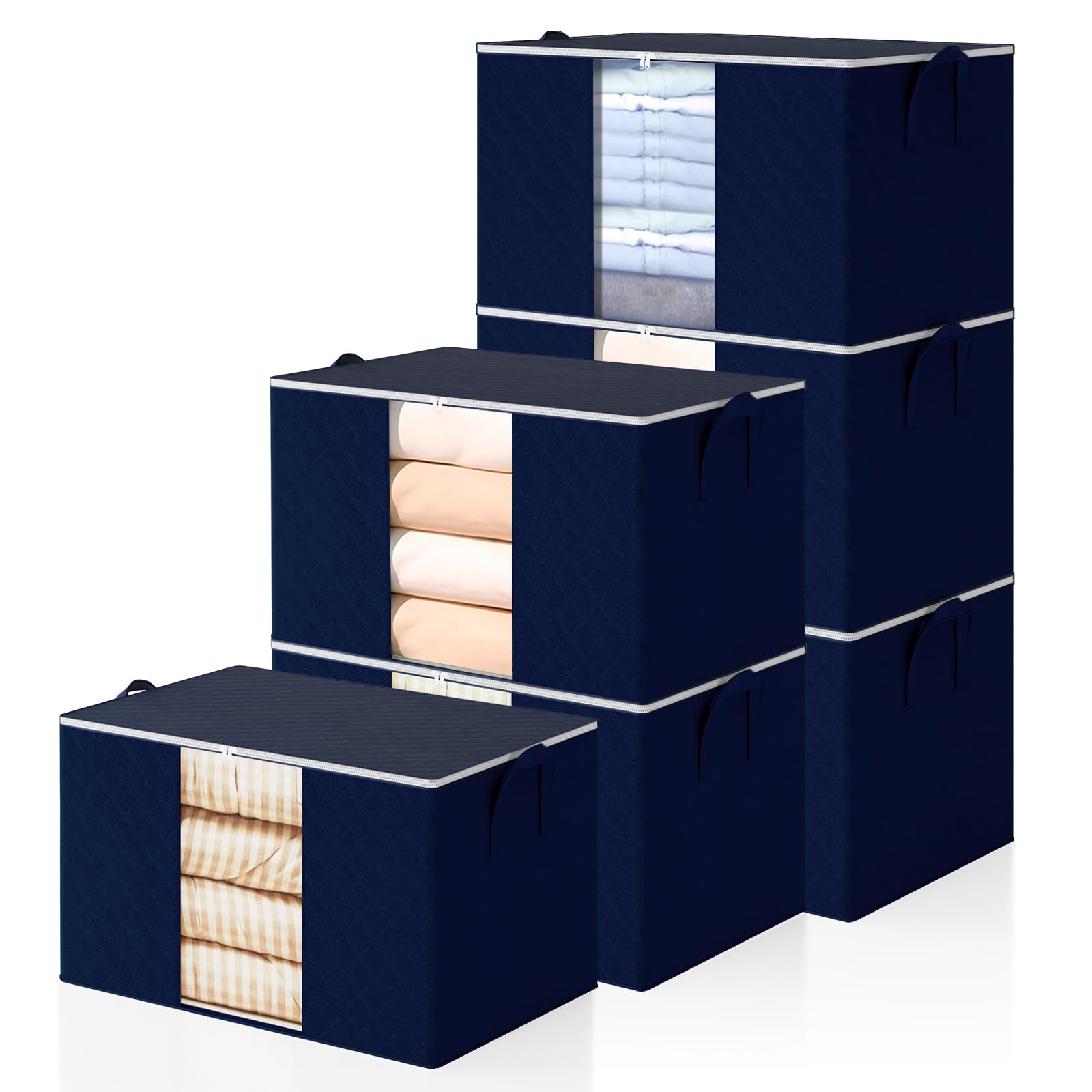 Photo 1 of POMGRATREE 6 Pack Clothes Storage Bags - 60L Blanket Organizers and Storage for Closet Large Storage Bins with Lids and Zipper Storage Containers for King Comforter, Pillow and Sweater (Blue, 6 Pack)