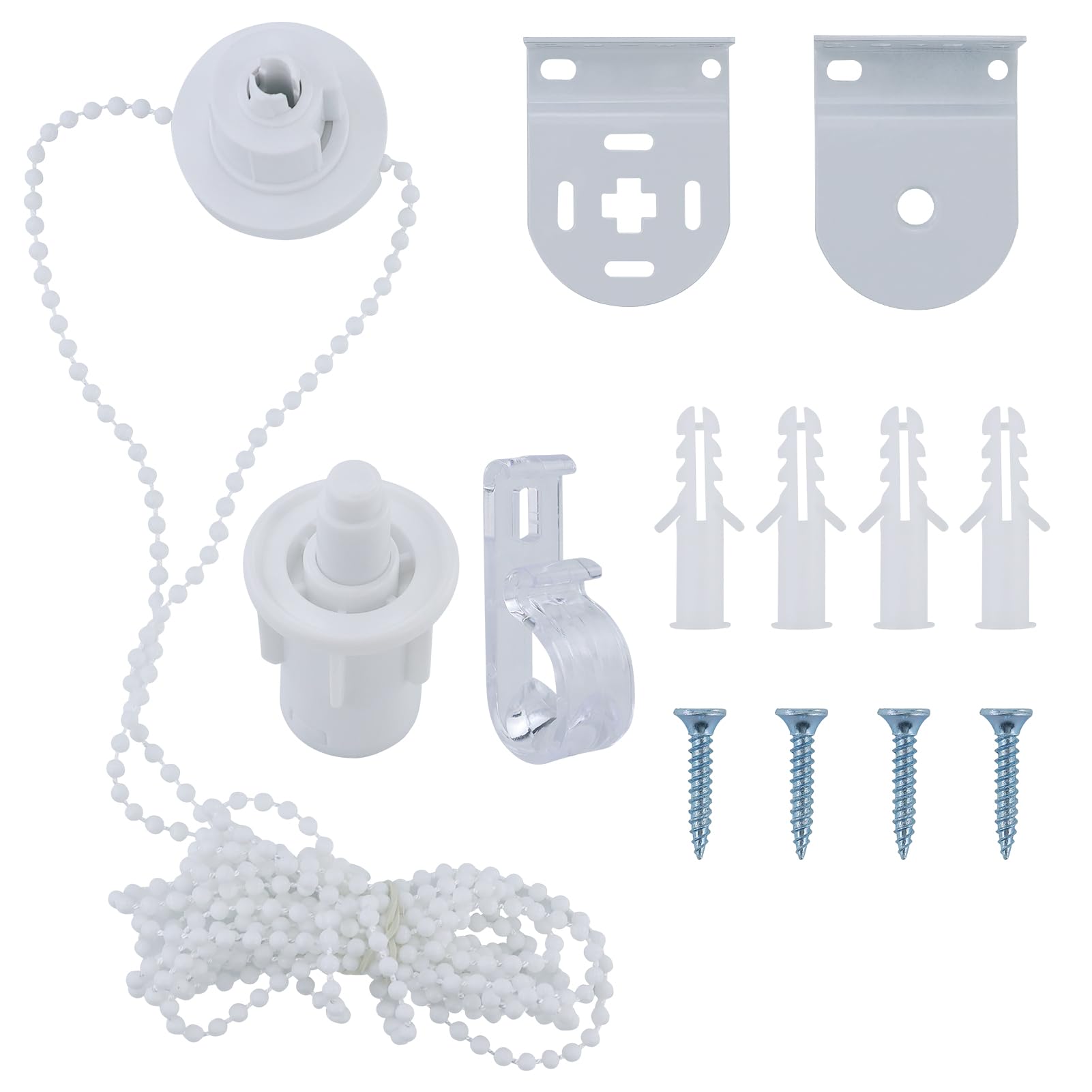 White Metal Roller Blind Mounting Brackets with Bead Chain, Repair Kit, Top Fixing, Side Fittings