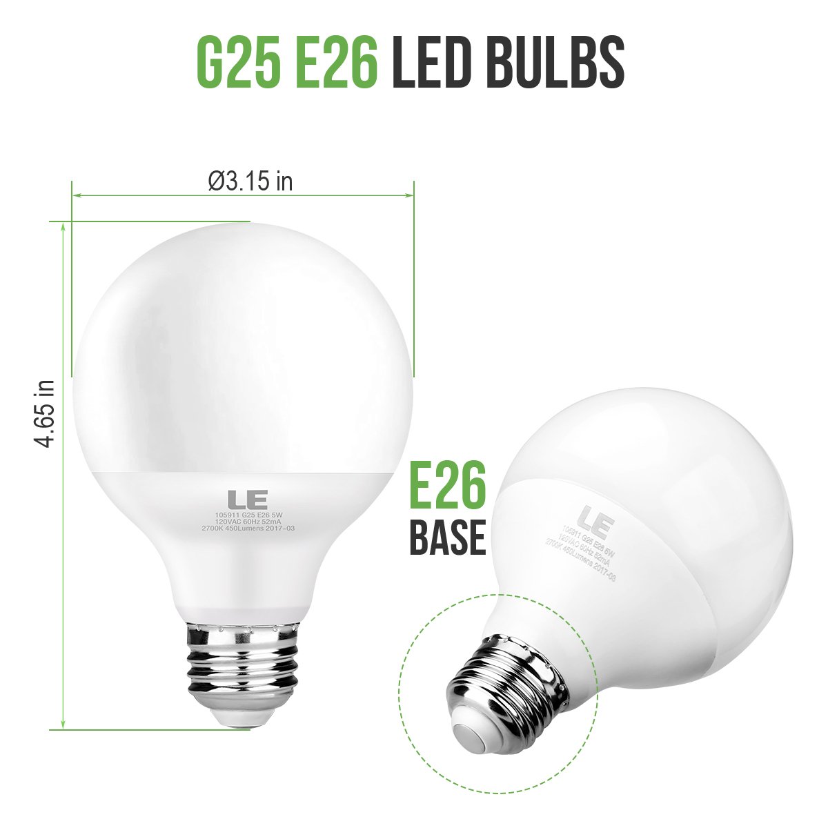 LE 6 Pack 5W G25 E26 LED Bulbs, 40W Incandescent Bulb Equivalent, Non
