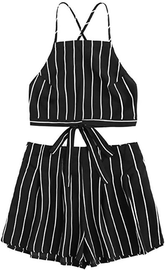 Women Rompers Two Piece Spaghetti Strap Stripe Crop Cami Top With Shorts Outfits Beach Jumpsuit for Teen Girls