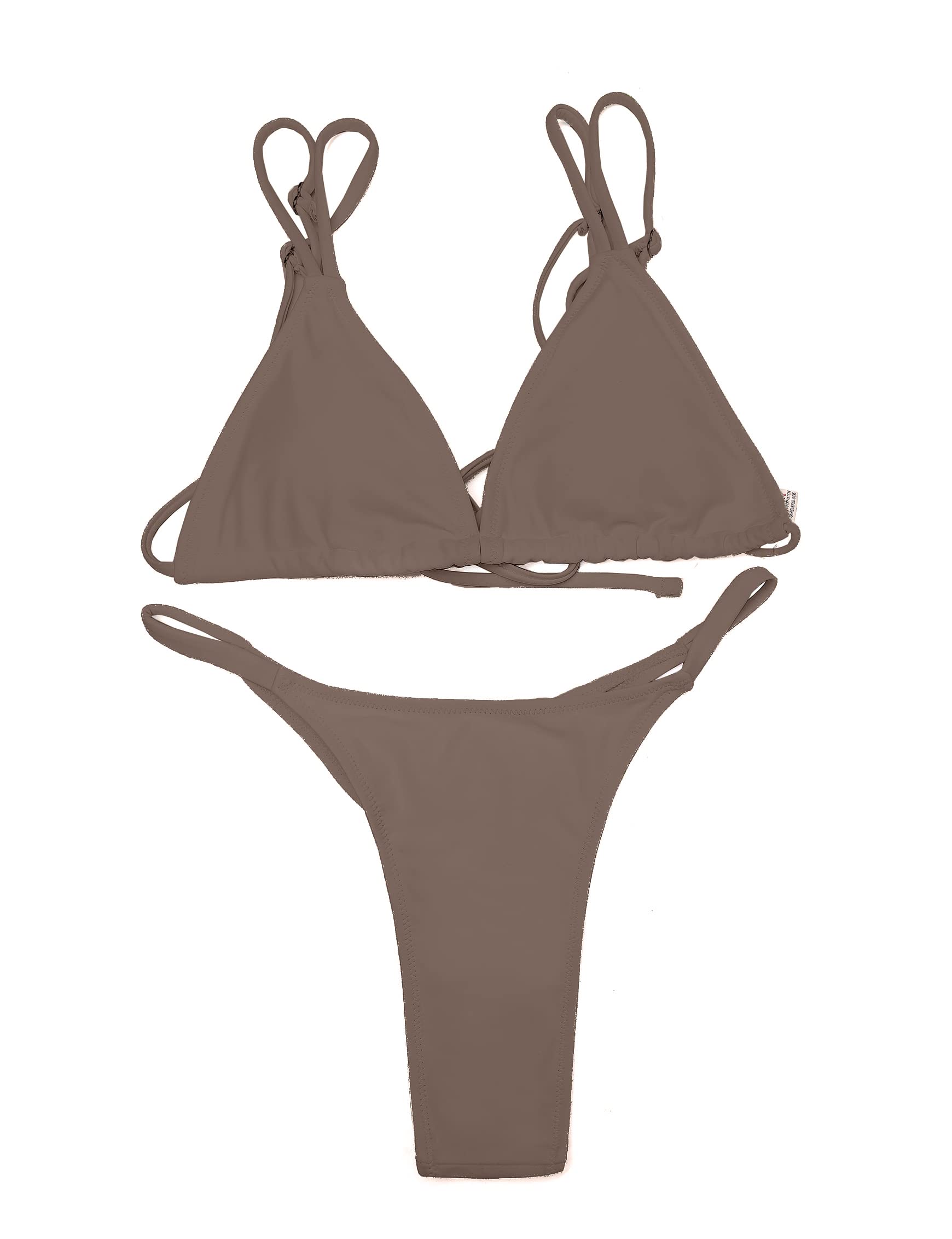 ForBeautyShe Women Coffee Bikini Set Sexy Adjustable Straps Triangle Top High Cut Brazilian Thong Bottom 2PCS Bathing Suit Coffee S - Image 4