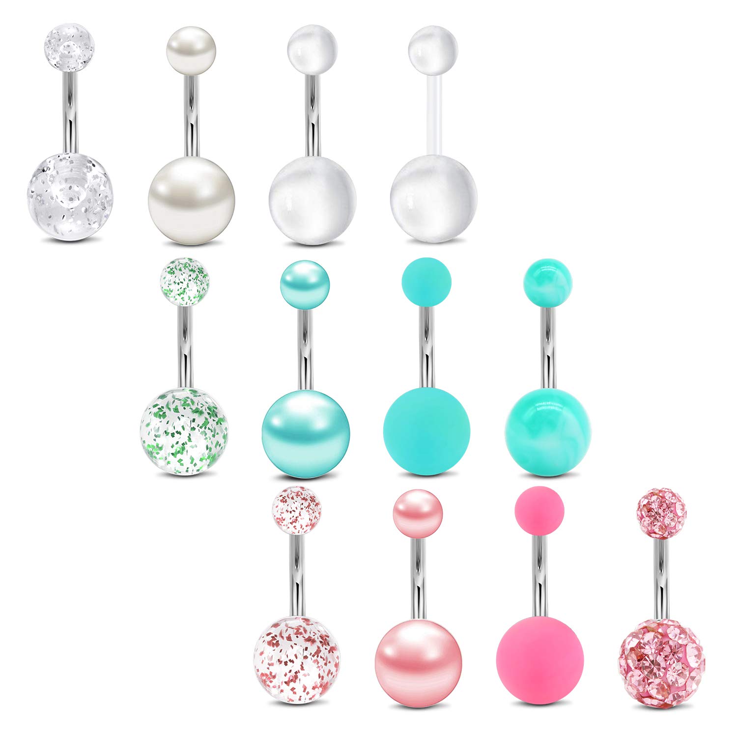 Mayhoop 12Pcs 14G 10mm Belly Bars Surgical Steel Pearl Rubber Glitter Ball Belly Button Bar Navel Bar Belly Button Rings Body Piercing Jewelry Women Mix Colors Green