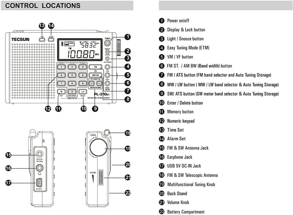 TECSUN PL-310ET FM Stereo/SW/MW/LW World Band PLL DSP Radio Black by allnice: Home Audio & Theater