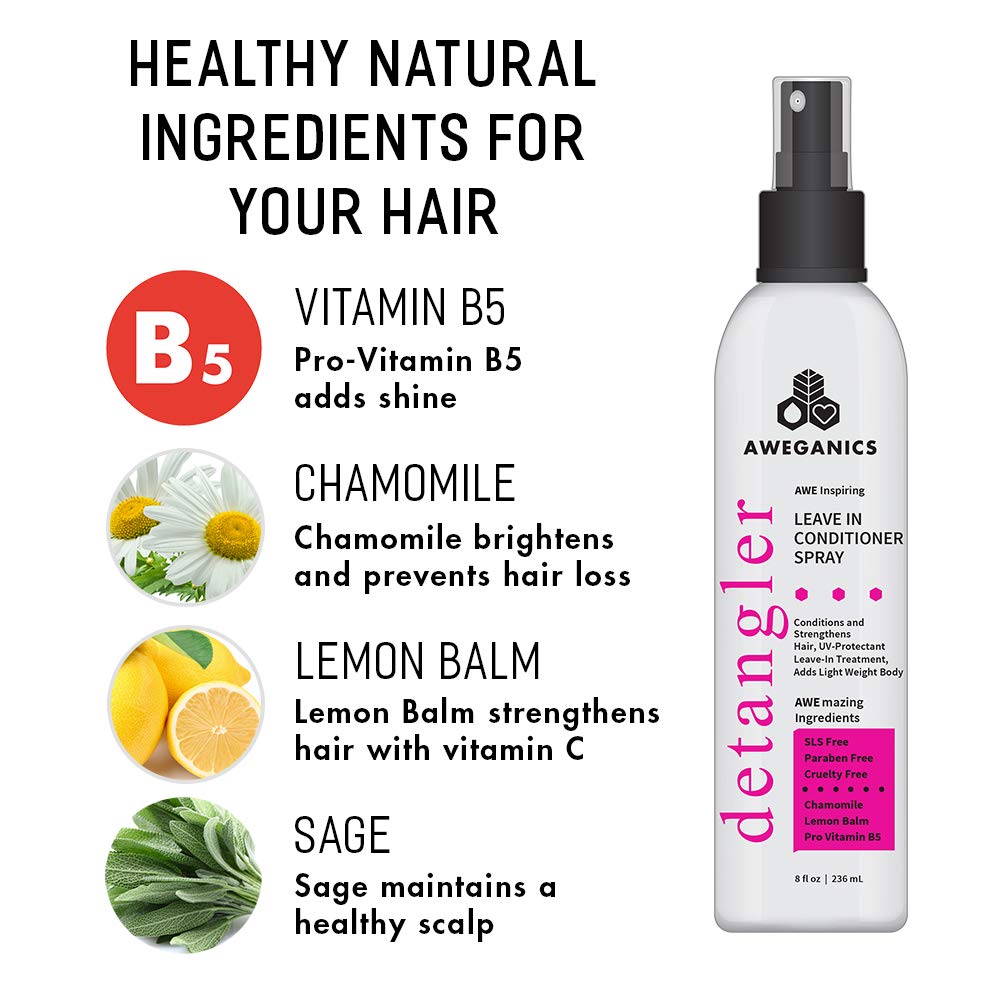 Aweganics Leave-in Conditioner Detangler Spray - AWE Inspiring Pro-Vitamin B5 Conditioning Hair Detangling Spray for Women, Men, Kids -SLS-Free, Paraben-Free, Cruelty-Free, COLOR SAFE, UV Protectant : Beauty
