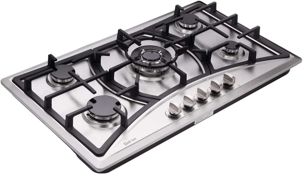 Deli-kit DK258-A07 34 inch Gas Cooktop gas hob stovetop 5 burners LPG/NG Dual Fuel 5 Sealed Burners Stainless Steel 5 Burner Built-In gas hob 110V AC pulse ignition gas stove