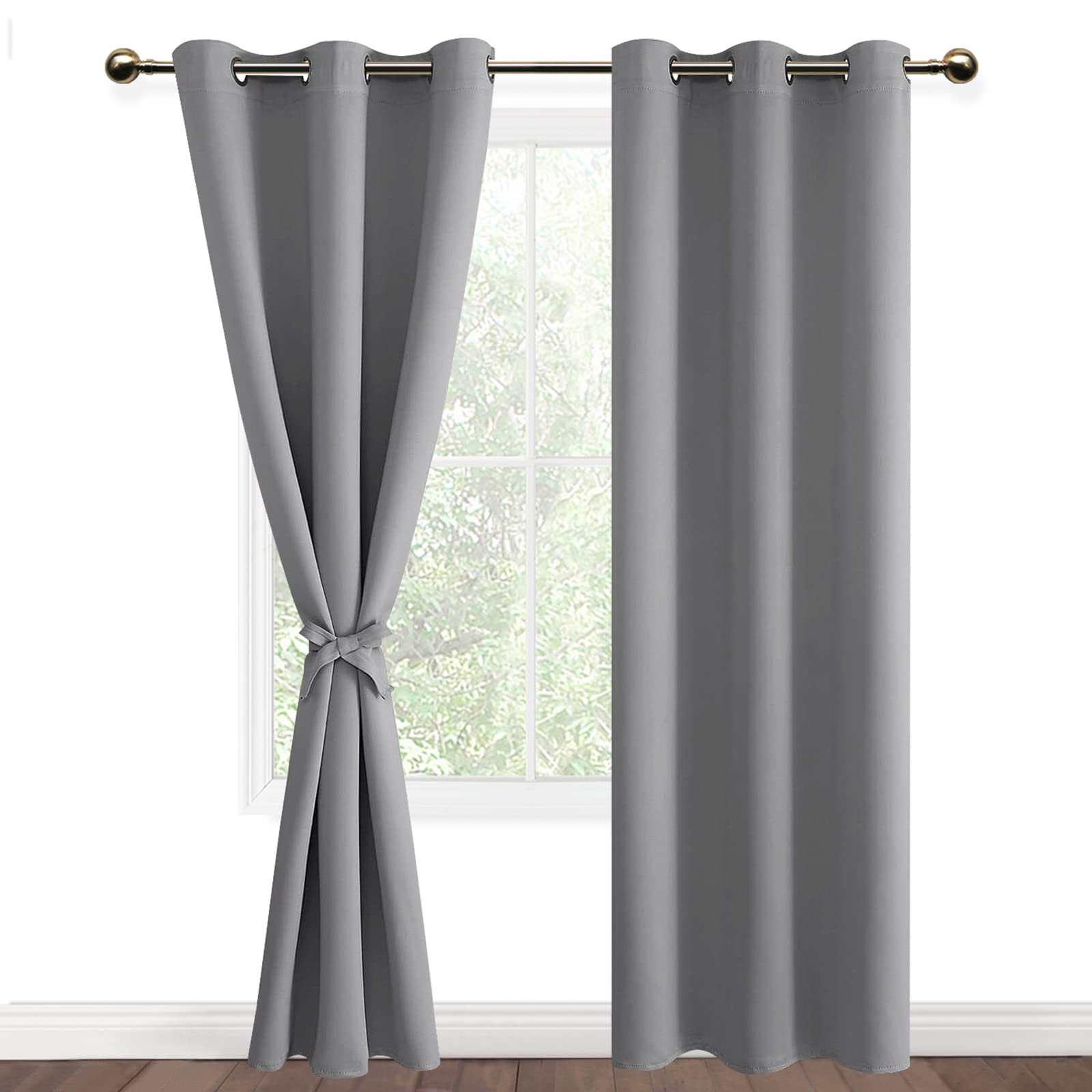 DWCN Silver Grey Blackout Curtains with Tiebacks for Bedroom Thermal Insulated Solid Eyelet Curtains for Living Room,2 Panels,46" Wide x 90" Drop