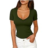 Ribbed Short Sleeve Tops for Women V Neck Ribbed Knit Color Block T Shirts Low Cut Fitted Casual Summer Basic Tees