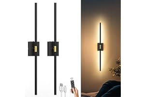 Battery Operated Wall Sconces Set of 2: 10000mAh Black Rechargeable LED Wall Lights with Touch and Remote Control, 360° Rotat