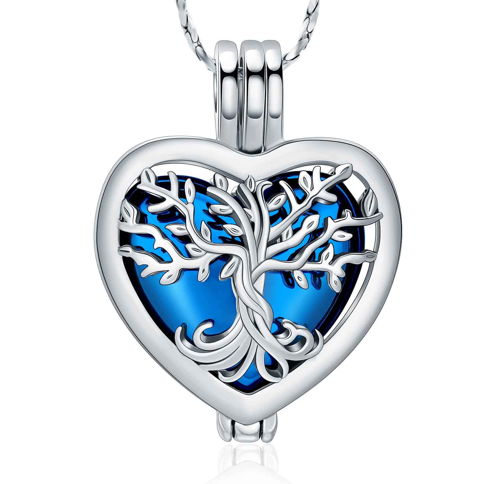 Tree of Life Urn Necklaces for Ashes Heart Shape Cremation Jewelry Memorial Keepsake Jewelry Gifts for Women Men Memorial Lockets Ashes Holder for Pet (Silver-blue)