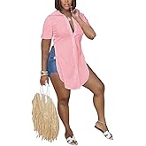 qfmqkpi Women Sexy V Neck Side Slit Collared Blouse Button Down Short Sleeve Long Shirts Tops