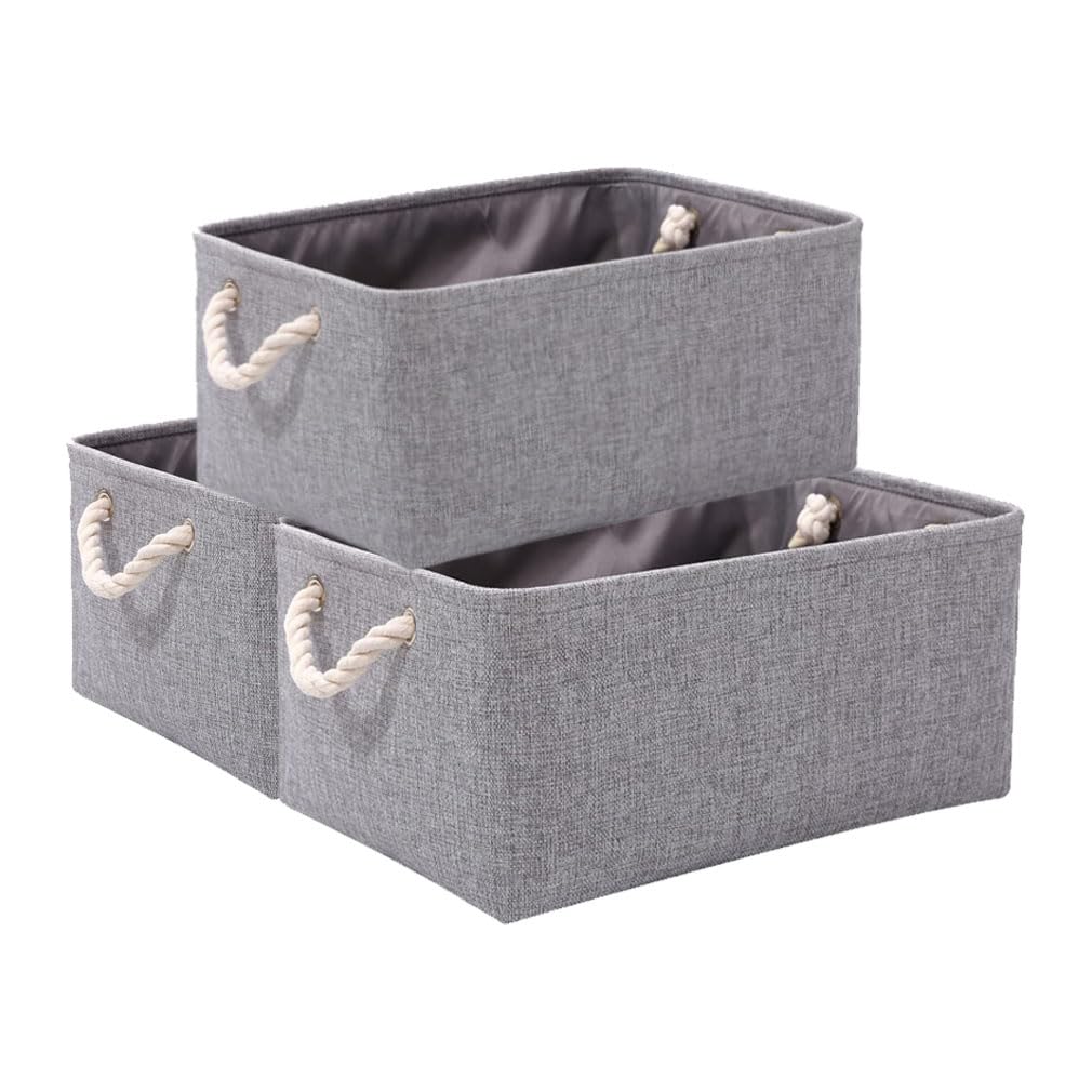 June Tech 3 Pcs Fabric Canvas Storage Boxes with Handles - Small Grey Storage Basket for Cupboards, Shelves, Toys, Clothes, Office