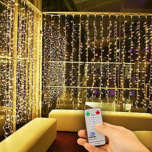 Kohree LED Curtain Lights, Hanging Wedding Light Remote Control Outdoor Indoor Icicle Flashing String Lights for Bedroom, Christmas, Party Decorations, Warm White, 300 Led