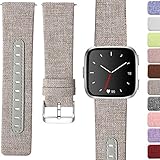 Maledan Compatible with Fitbit Versa Bands, Replacement Classic Genuine Leather Canvas with Stainless Steel Clasp Accessories Wristbands Compatible with Versa, Women Men, Small, Grey