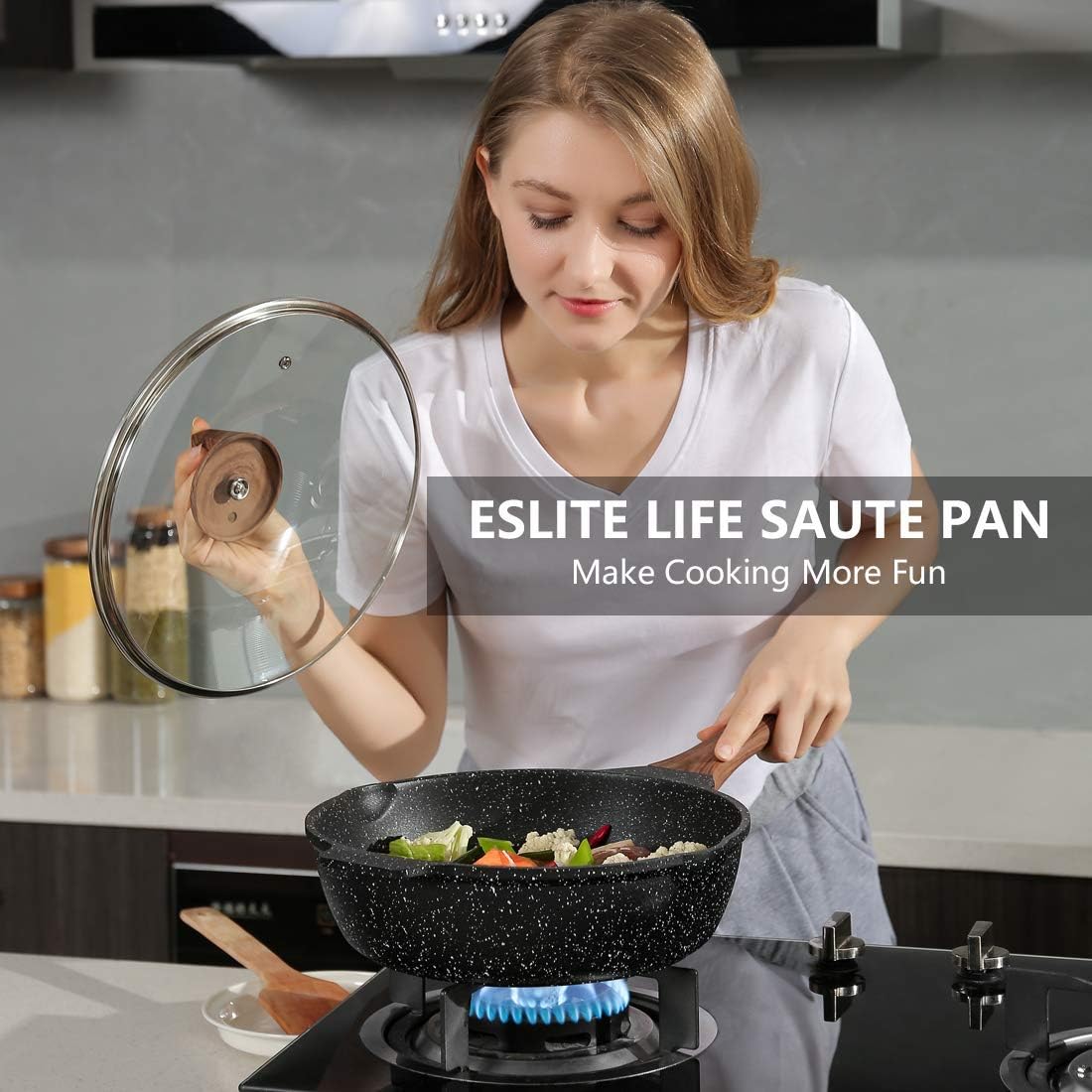 ESLITE LIFE Deep Frying Pan with Lid Nonstick Saute Pan with Granite Stone Coating, 11 Inch (5Quart): Kitchen & Dining