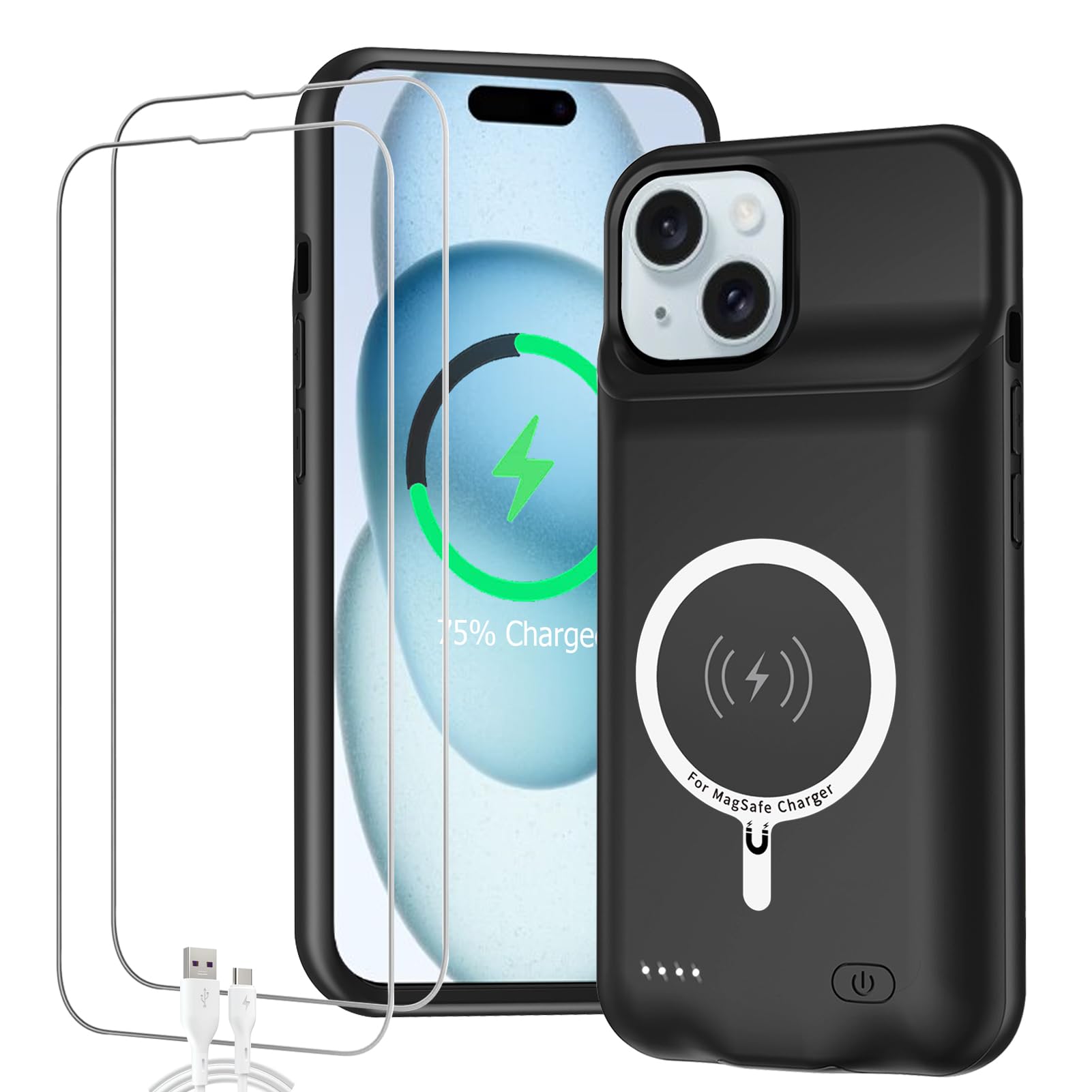 Battery Case for iPhone 15 Plus, Full Encircle 12000mAh High Capacity Rechargeable Portable Charger Case Extended Battery Pack for iPhone 15 Plus (6.7 inch) Wireless Charging Case with Carplay-Black