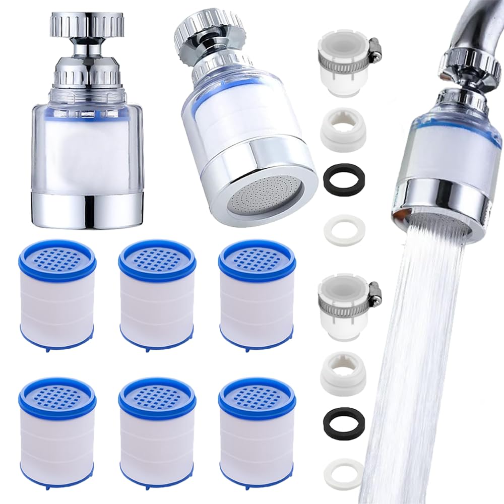 RXKFIGX Water Filter for Tap 2 Pcs Faucet Water Filters+6 Filter Cartridges 360 Degree Rotating Hard Water Filter Splashproof Faucet Filter Universal Model for Home Kitchen Bathroom Shower