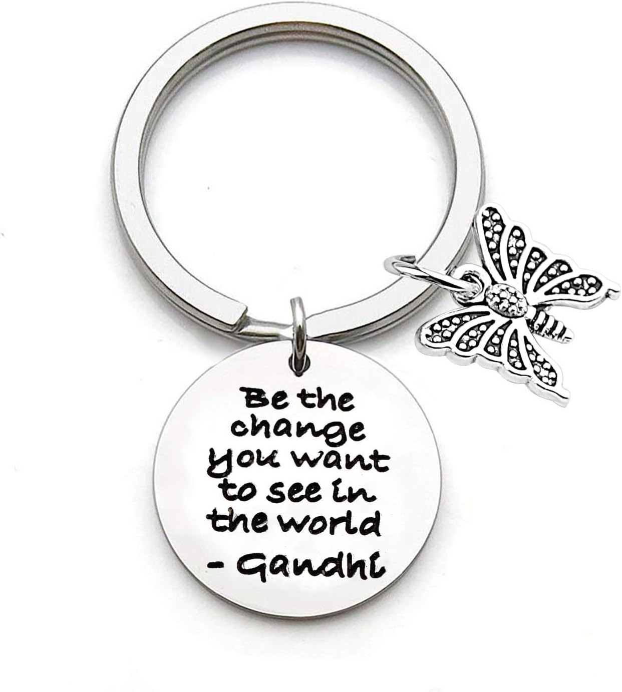 FUSTMW Inspirational Keychian Be The Change You Want to See in The World Ghandi Quote Key Chain Butterfly Charm Encouragement Gifts (Silver)