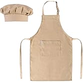 Kids Apron and Chef Hat Set-Adjustable Child Apron for Boys and Girls for Cooking Baking Khaki