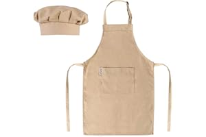 AURYA Kids Apron and Chef Hat Set-Adjustable Child Apron for Boys and Girls for Cooking Baking Khaki