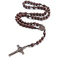 Handmade Wooden Wood Beads Catholic Rosary Crucifix Cross Pendant Necklace Bethlehem Christian Prayer Holy Jerusalem Holyland Y Necklace for Women Men Unisex Jewelry Gift