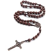 Handmade Wooden Wood Beads Catholic Rosary Crucifix Cross Pendant Necklace Bethlehem Christian Prayer Holy Jerusalem Holyland Y Necklace for Women Men Unisex Jewelry Gift