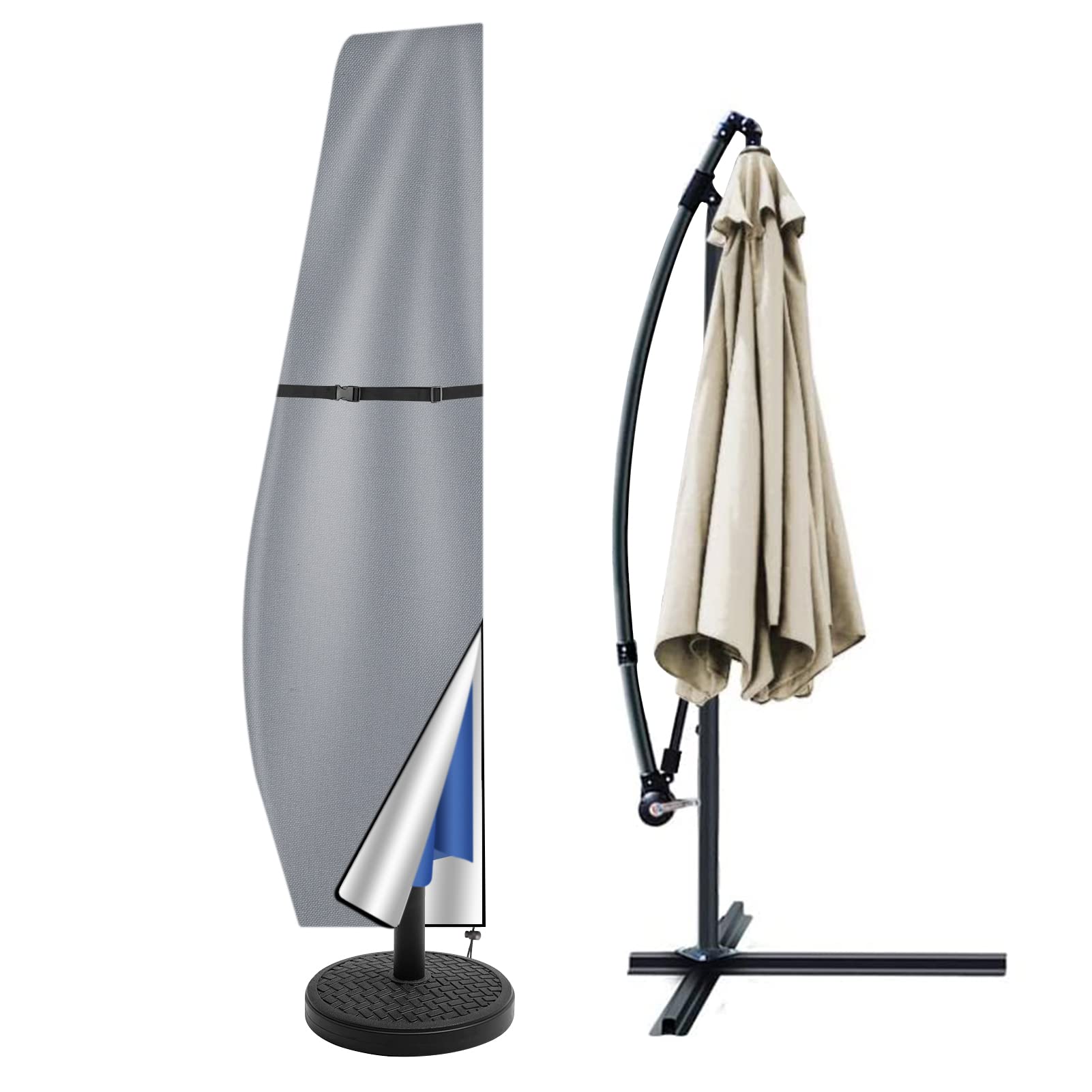 Teynewer Parasol Cover Waterproof, Cantilever Parasol Protective Covers with Telescopic Pole and Zipper Fit for 2 to 4 m Large Umbrella Patio Parasol Weatherproof UV-Anti Windproof, Grey