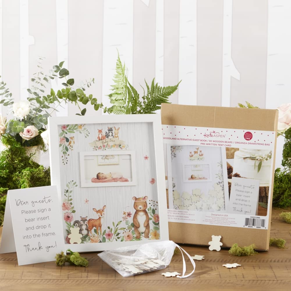 Kate Aspen Pink Woodland Baby Shower Decorations Guest Book Alternative with Wooden Teddy Bear Inserts, Woodland Nursery Decor