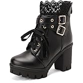 MEOTINA Goth Platform Boots Lace Buckle Gothic Cosplay Booties Chunky High Heels Ankle Boots Zipper Punk Shoes