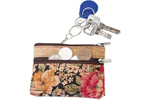 Eco-friendly Natural Cork Coin Purse, Boshiho Mini Coin Change Wallet Credit Card Holder Zipper Pouch Vegan Wallet with Key Ring Keychain (Multi Flower)