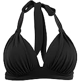 Women's Retro 50s Plaid Pattern Polka Dot Halter Molded Soft Pads Vintage Bikini Swimsuits Tops