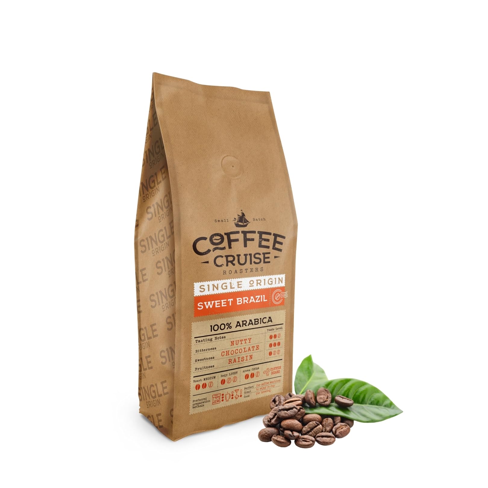 COFFEE CRUISE Sweet Brazil Brasilianische Kaffeebohnen 1kg - Mittlere Röstung - Aroma Kakao und Schokolade - Für Alle Kaffeemaschinen - 100% Arabisch