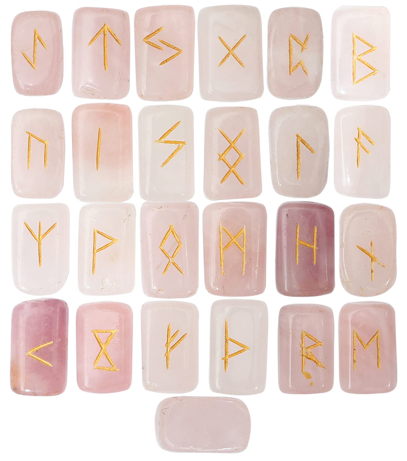 Crocon® Rose Quartz Square Gemstone Rune Set with Elder Futhark Alphabet Engraved 25 pcs Crystal Divination Metaphysical Healing Chakra Reiki Runes Set with a Pouch Size: 20-25mm