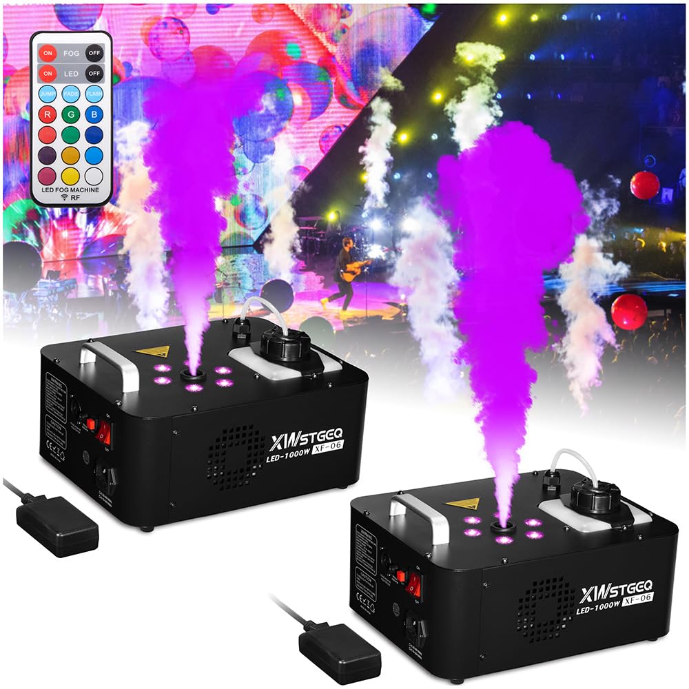 Photo 1 of XWSTGEQ 1000W Vertical Fog Machine with 6 LED Lights and Wireless Remote for Stage Halloween Wedding Parties-2 Packs