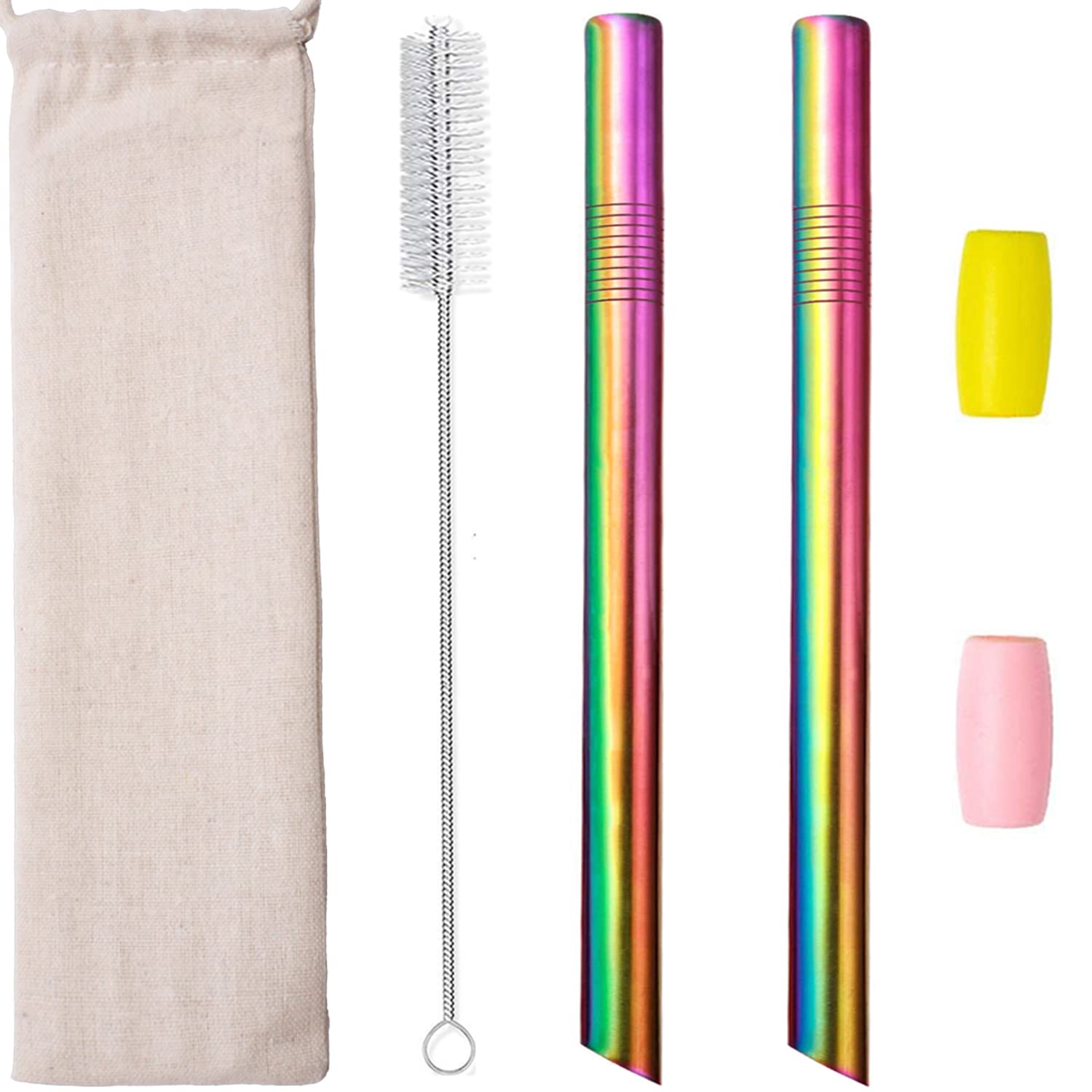 Bubble Tea Straw Metal Reusable Stainless Steel Straws 12mm Wide for Boba Smoothie Jumbo Milkshakes Tapioca Pearl with Silicone Tips Carry Bag Cleaning Brush 2 Pcs