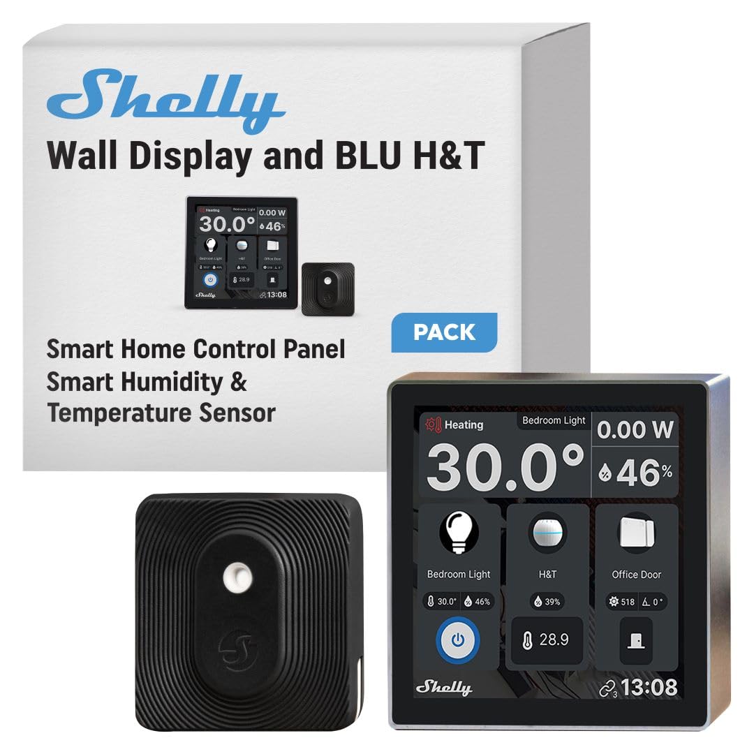 Shelly Wall Display Black + Blu H&T Black (Bundle), Wi-Fi Smart Home Control Panel, Thermostat, Integrated 5A Relay, Neutral Conductor Required, Environmental Data, Control Panel, Alexa & Google Home