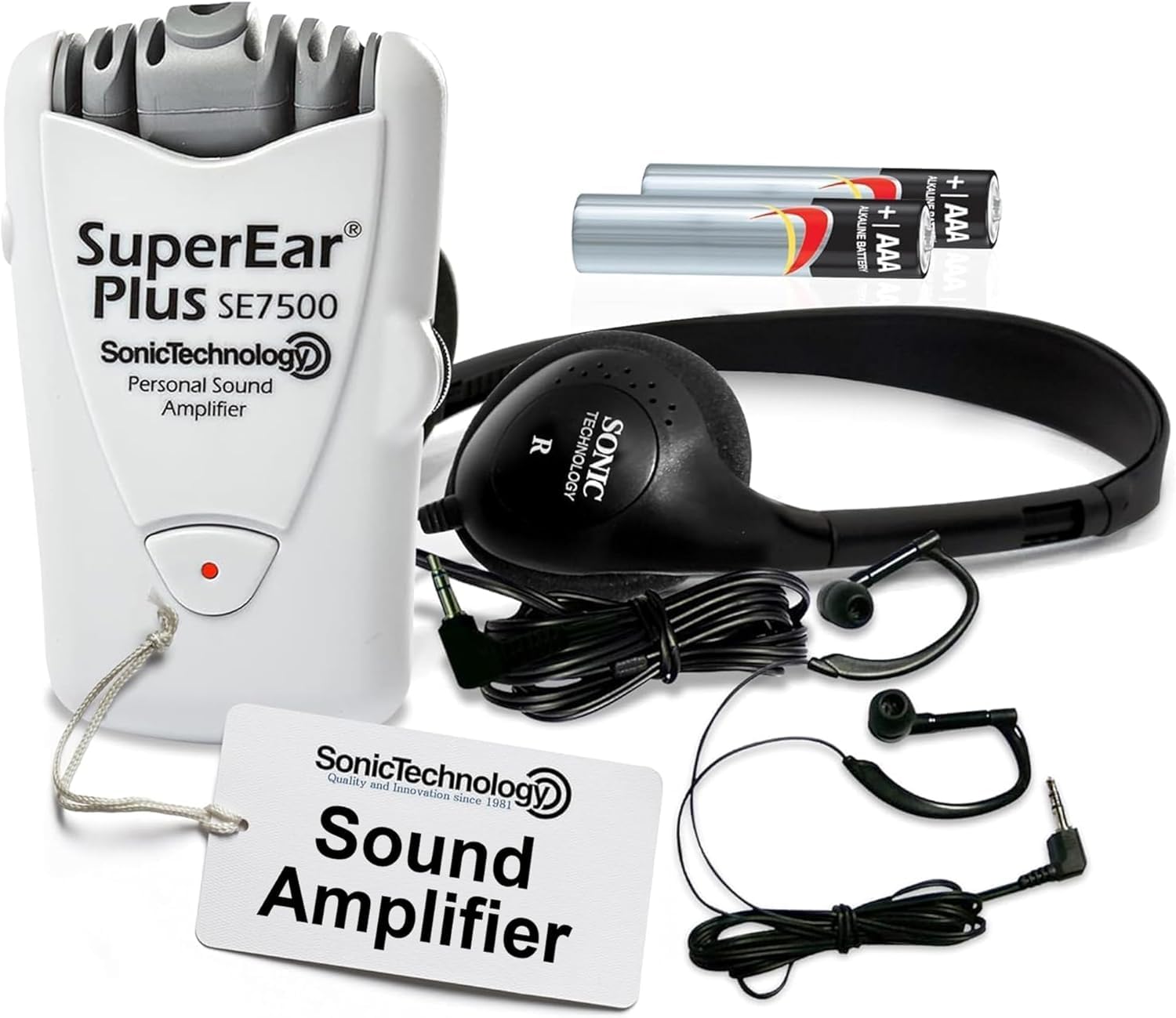 SuperEar Plus SE7500 Hearing Amplifier – Personal Sound Amplification Device with Protective Case, Over-Ear Headphones & Discreet Earbuds