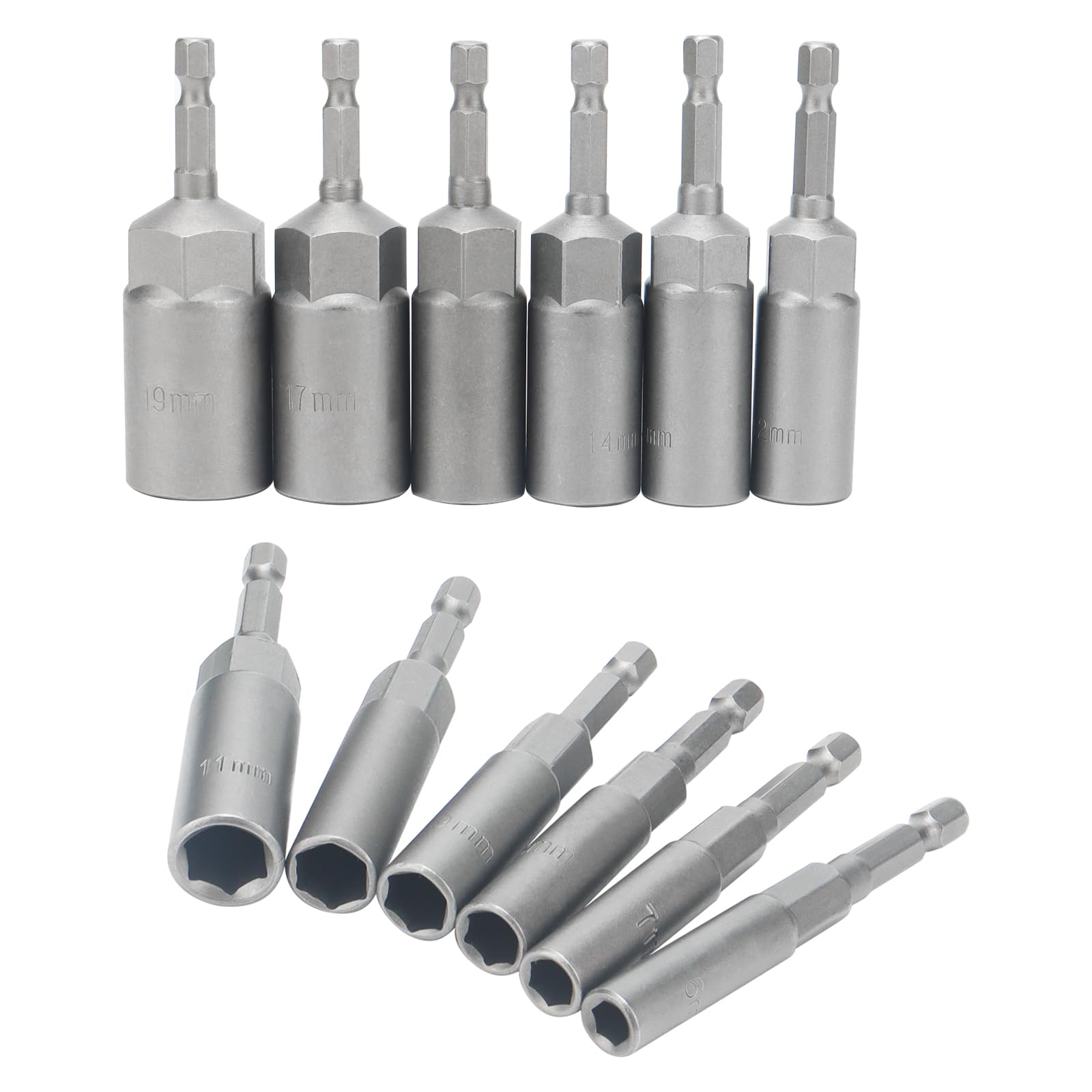 DAKFOOK 12PCS Deepen Hexagon Sockets Set, 6-19mm Hex Shank Nut Setter Driver, 1/4 Inch Hex Drill Bit Set for Screwdriver, 80mm Length