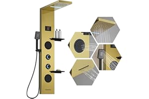 Homevacious 4 in 1 Shower Panel Tower System with Shelf LED Rain Shower Head and Adjustable Massage Body Jets 3 Functions Han