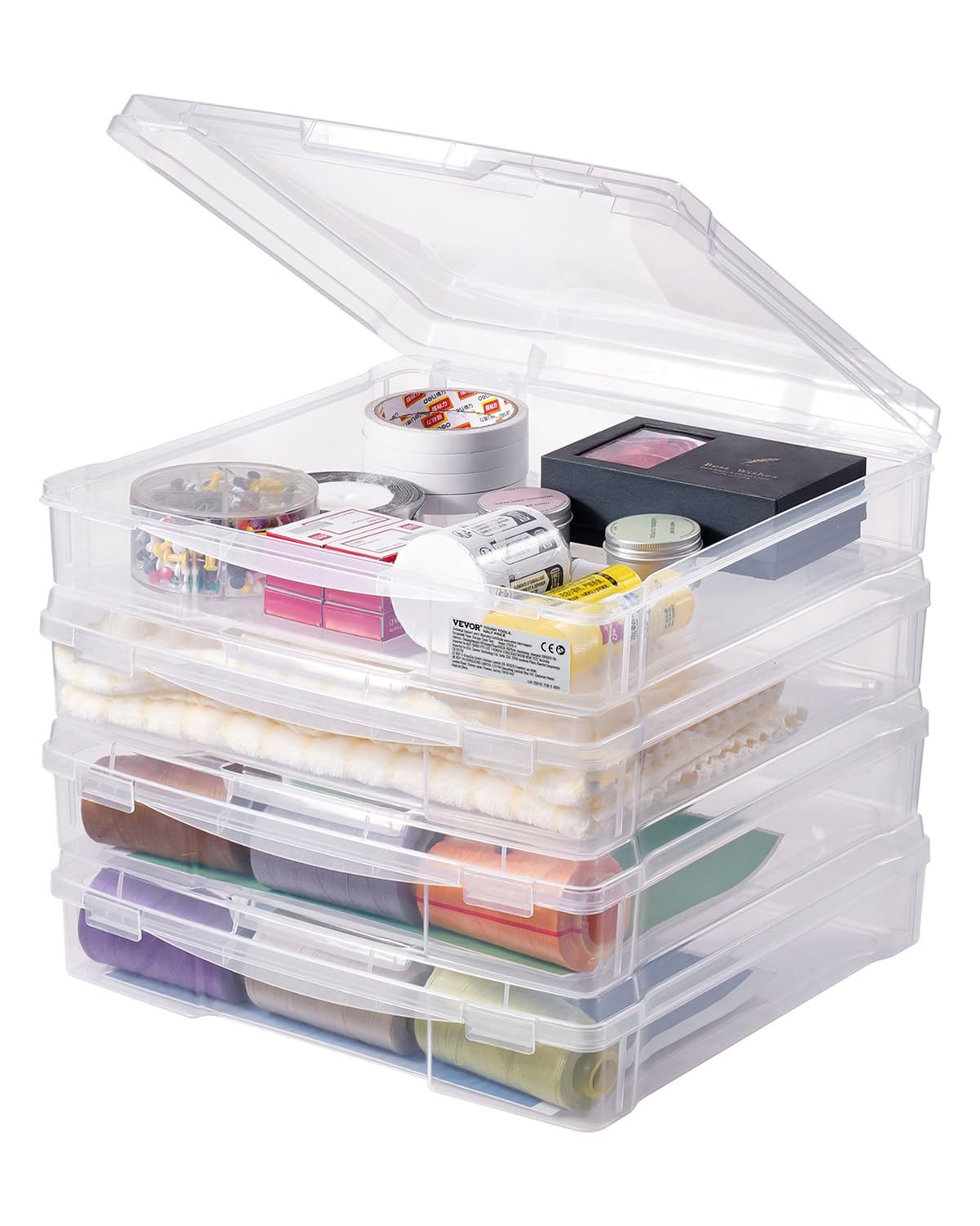 Photo 1 of VEVOR Scrapbook Paper Storage, 4 Pack Stackable Plastic Board Game Boxes, Clear Multi-Purpose Document Case with Rounded Corners and Double Latches, for Office Essentials Tools Arts Crafts Supplies