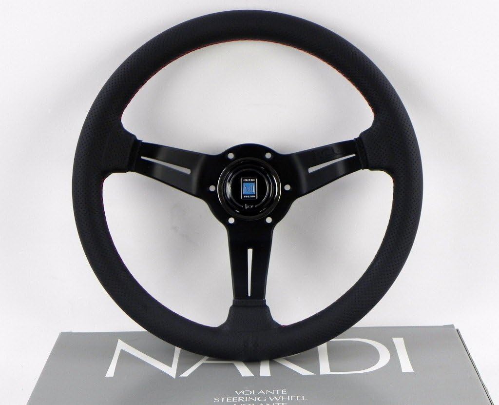 Nardi Steering Wheel - Deep Corn - 330mm (12.99 inches) - Black Perforated Leather with Red Stitching - Classic Horn Button - Part # 6069.33.2093