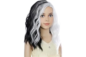 PATTNIUM Kids Black White Wig Shoulder Length Wig Black and White Wig Girls Black White Wig Synthetic Hair Cosplay Costume Two Tone Wig (Black and White)