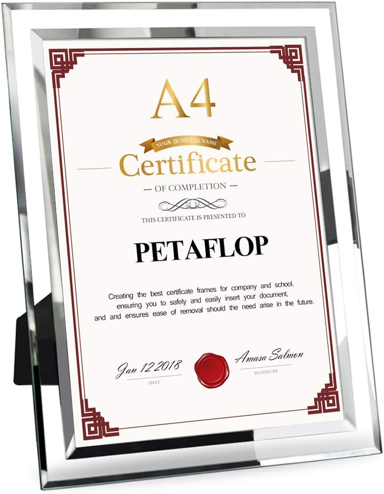 PETAFLOP A4 Photo Frame Glass Certificate Frame Document Frame Diploma Graduation, silver, 8.3 x 11.7 inch