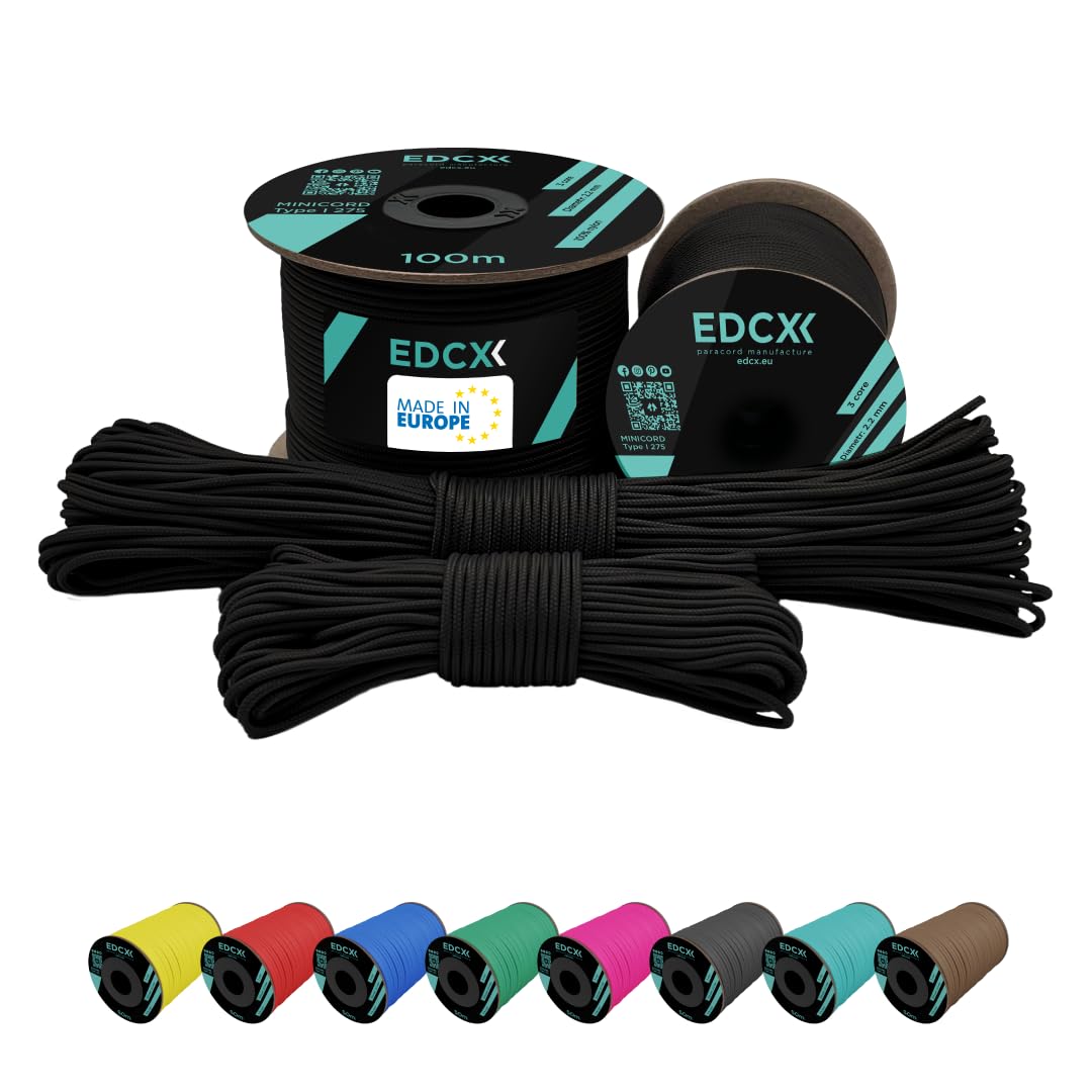 EdcX 2 mm Nylon Paracord 275 (15, 30, 50 and 100 m)– 100% Nylon rope, 3-Strand cord, Nylon cord 2 mm in Many Colours (Black, 30 m)