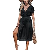 CUPSHE Women Beach Cover Up V Neck Short Sleeve Striped Midi Swimsuit Coverup Dress XS-XXL