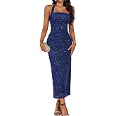 DRESSTELLS Women's Sparkly Formal Dress 2026, Halter Ruched Wedding Guest Dress, Sequin & Stretchy Mesh